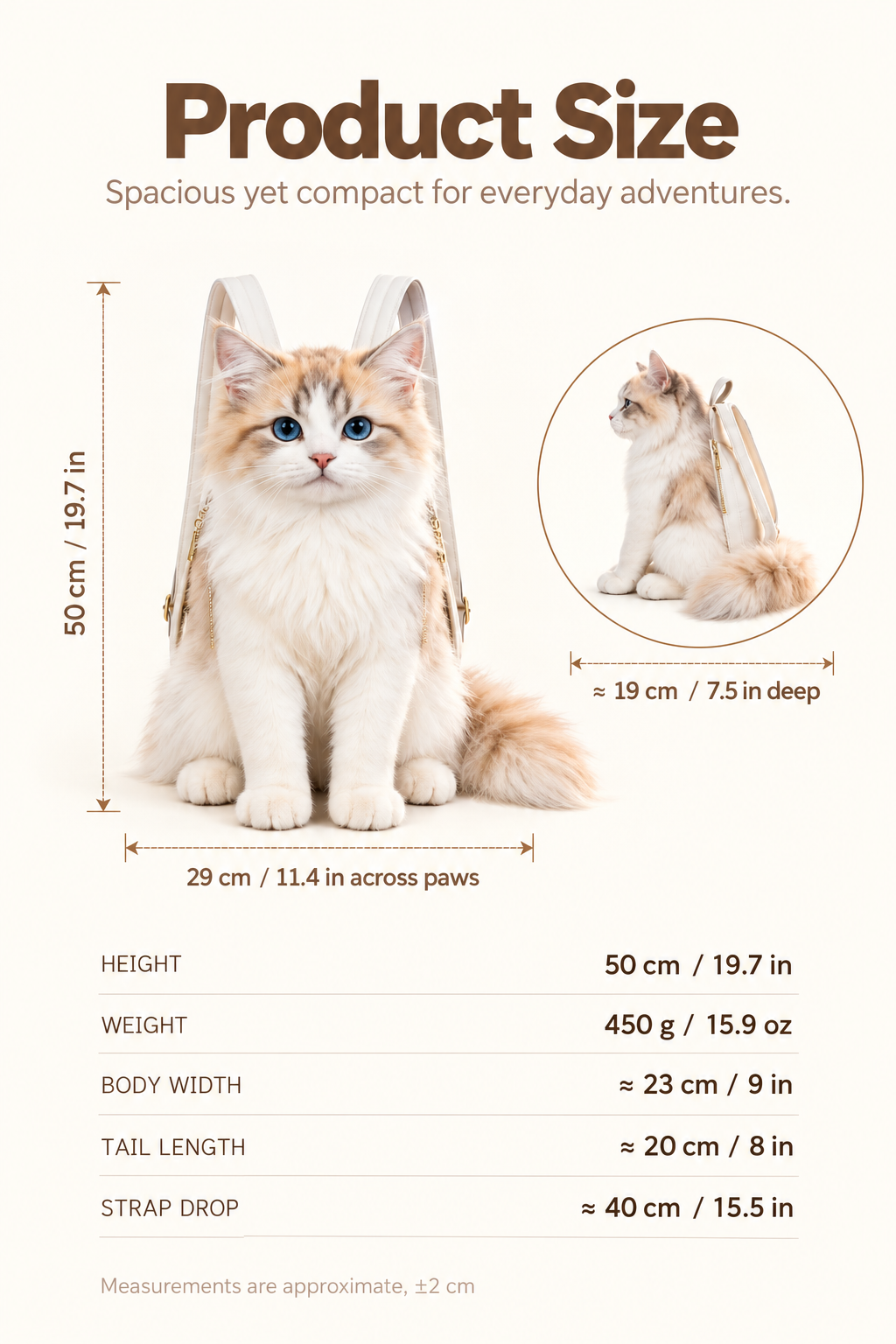 Purrrpack worn on back, full height in frame for scale