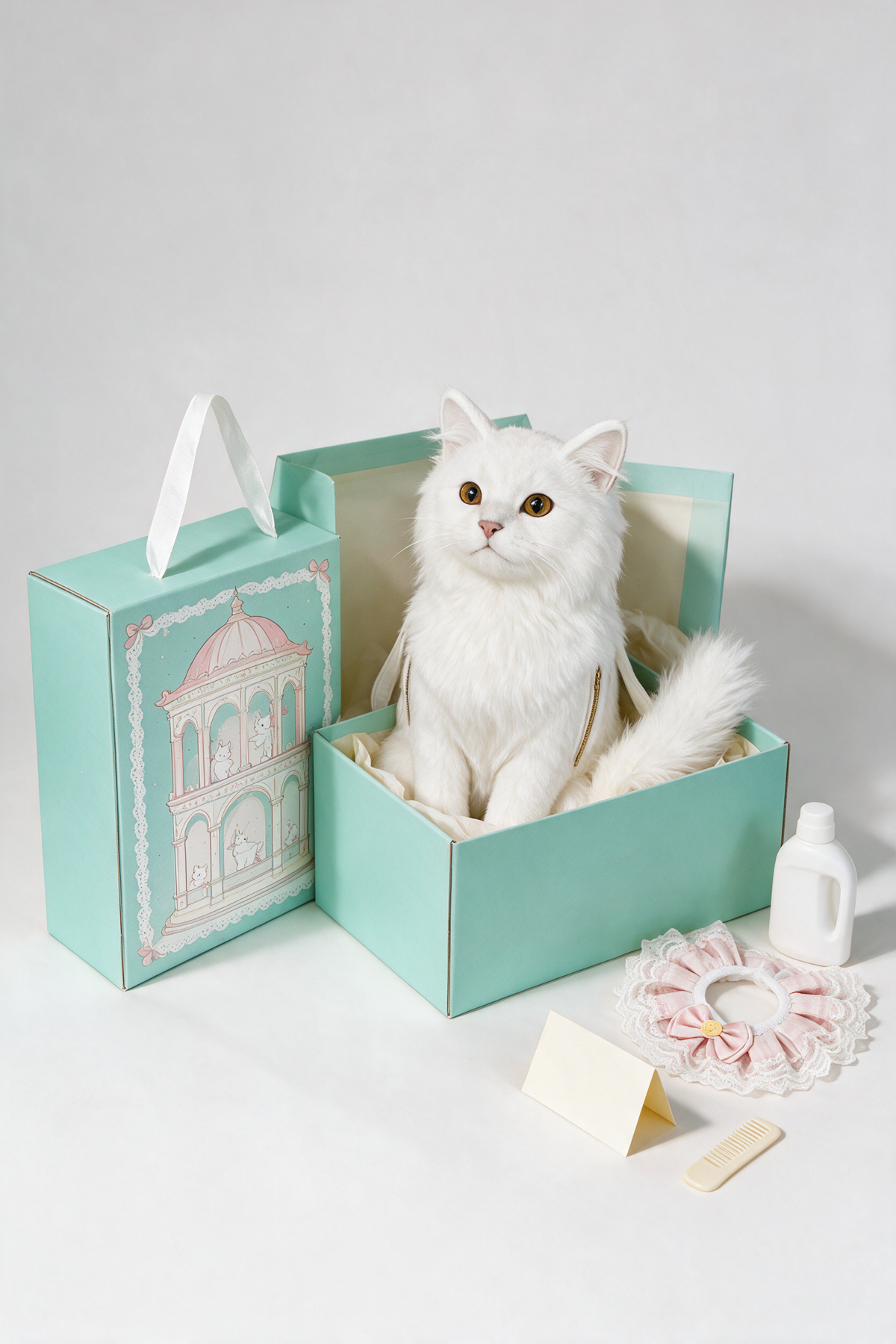 Purrrpack with open gift box, greeting card, comb and detergent