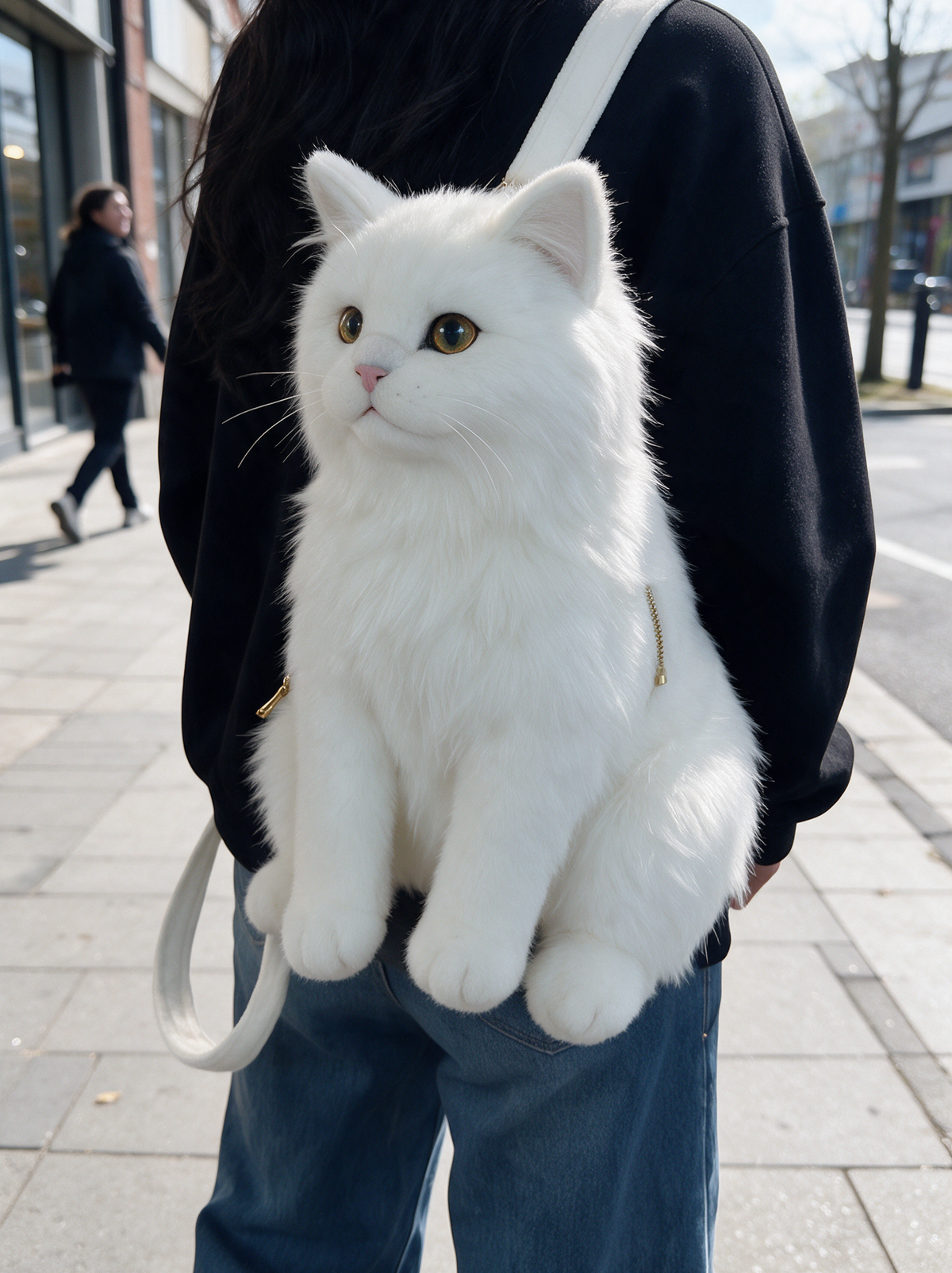 Person wearing Purrrpack on a city street, seen from behind
